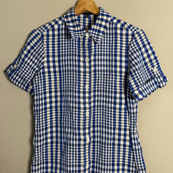 Theory Mayvine Dillon Plaid Linen Mini Shirt Dress Women 4 Blue White Preppy NWT - Picture 7 of 16